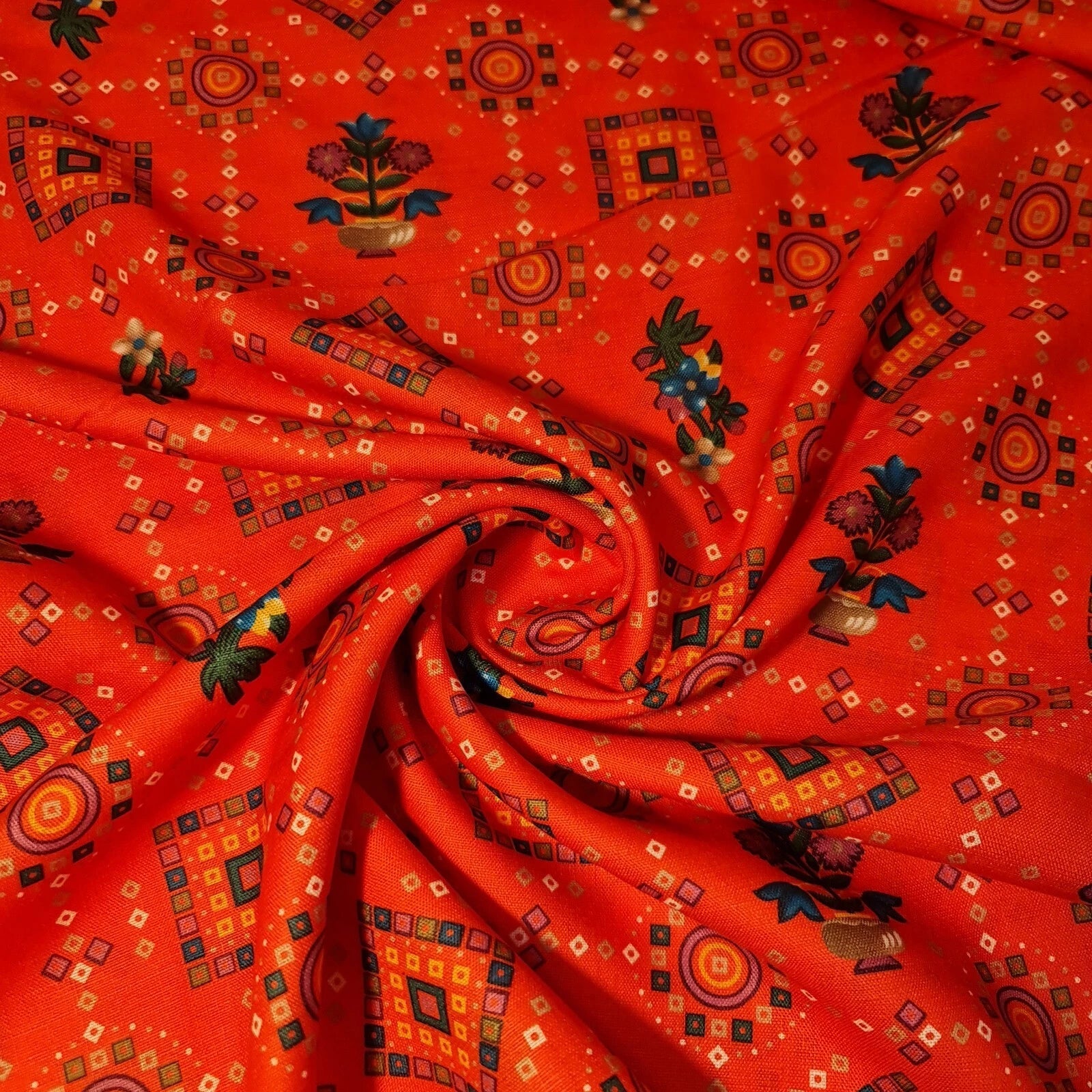 Cotton Viscose Rajasthani Ethnic Print Fabric | Suzani, Rangoli & Boho Banjara Designs – 44" (112cm) Wide Soft Dressmaking & Craft Material – Sold by the Metre  Orange
