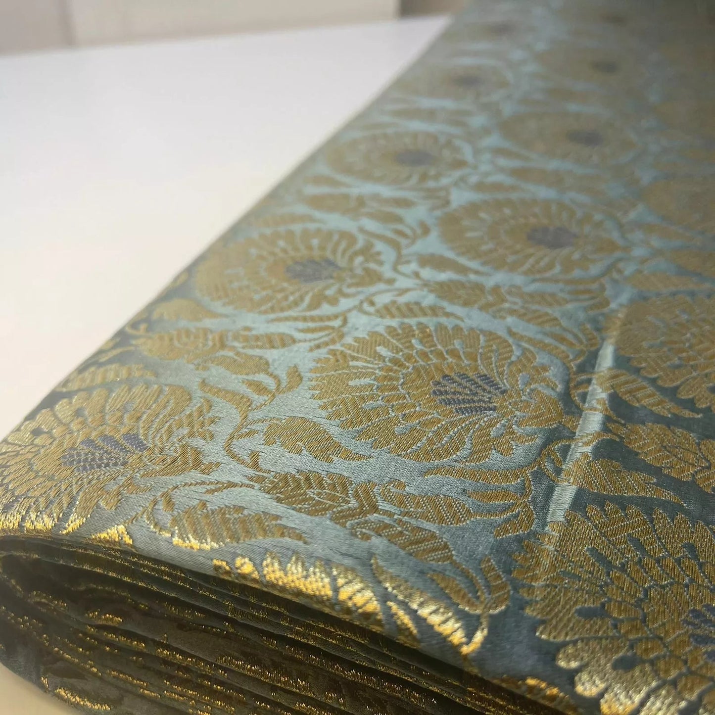 Indian Banarasi Brocade Fabric | Floral & Peacock Gold Metallic Design 44" (112cm) Wide Dress, Craft & Décor Material – Sold by the Meter