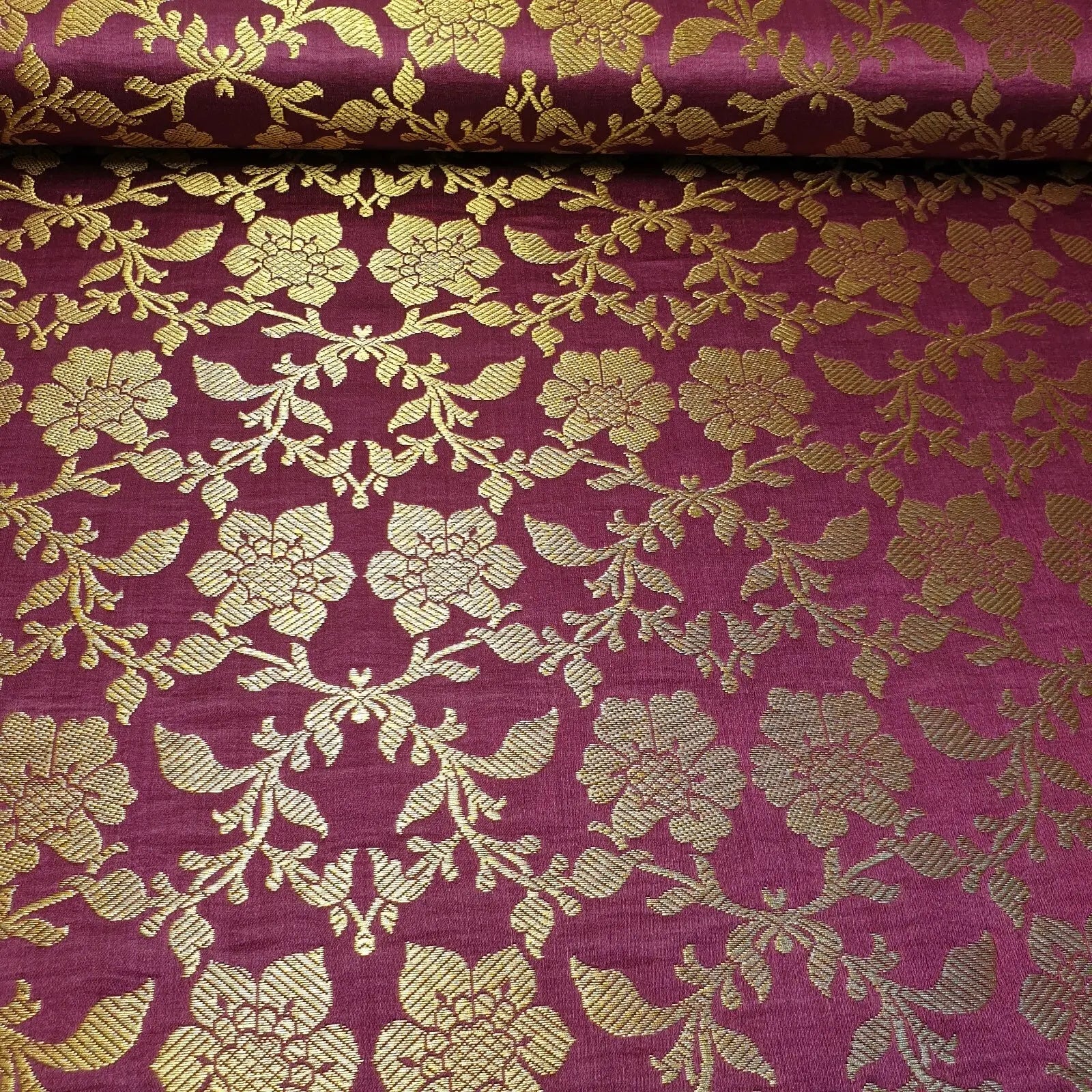 Indian Banarasi Brocade Fabric | Ornamental Floral Gold Metallic Design 44" (112cm) Wide Dress, Craft & Décor Material – Sold by the Meter