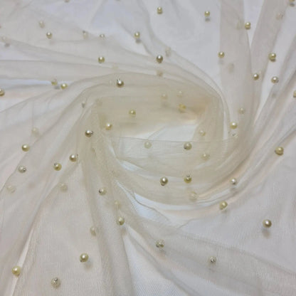 Tulle Beaded Pearl Lace Net Fabric | 58" (147cm) Wide Bridal Veil, Wedding Backdrop & Décor Material – Sold by the Metre