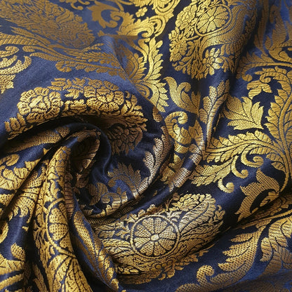 Brocade Ornamental Floral Fabric | Gold Metallic Jacquard 44" (112cm) Wide Dressmaking, Costume & Craft Material – Sold by the Metre  Navy