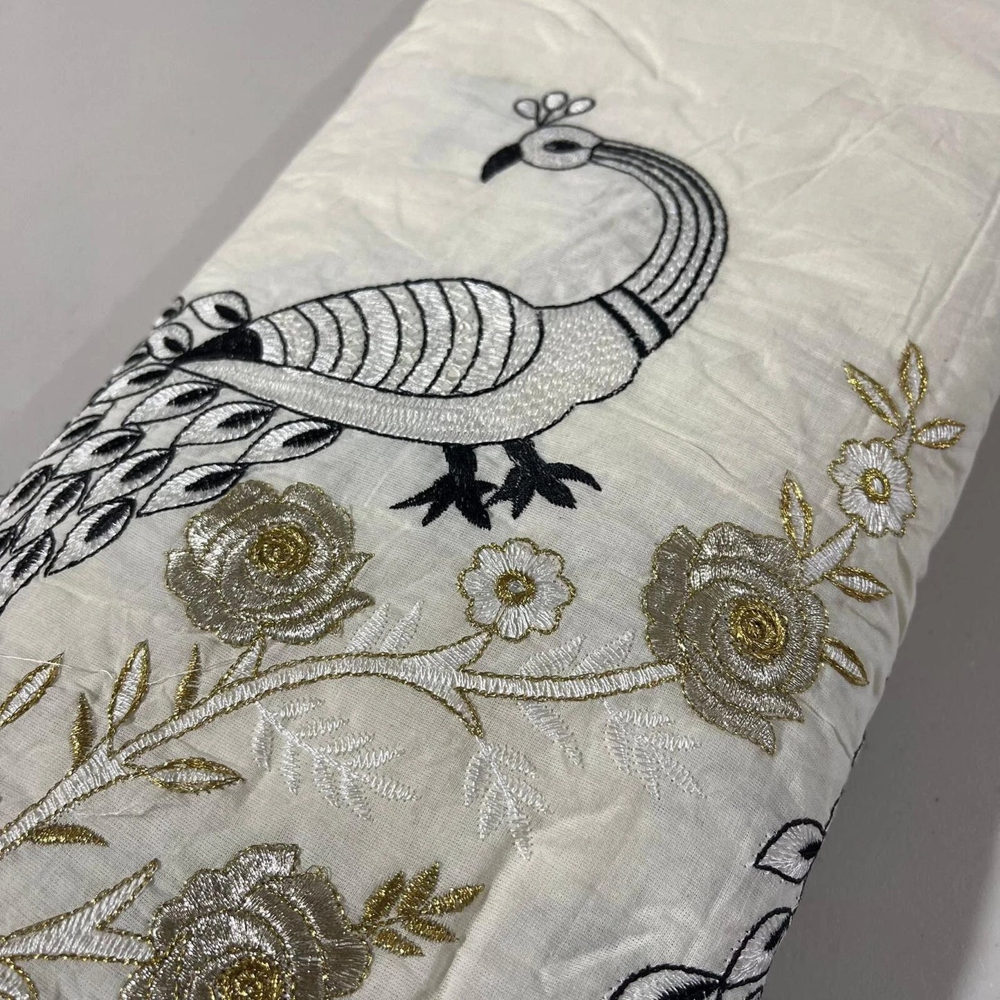 Raw Cotton Floral Embroidery Fabric with Golden Zari | 44" (112cm) Wide Dyeable Dress & Craft Material – Sold by the Meter