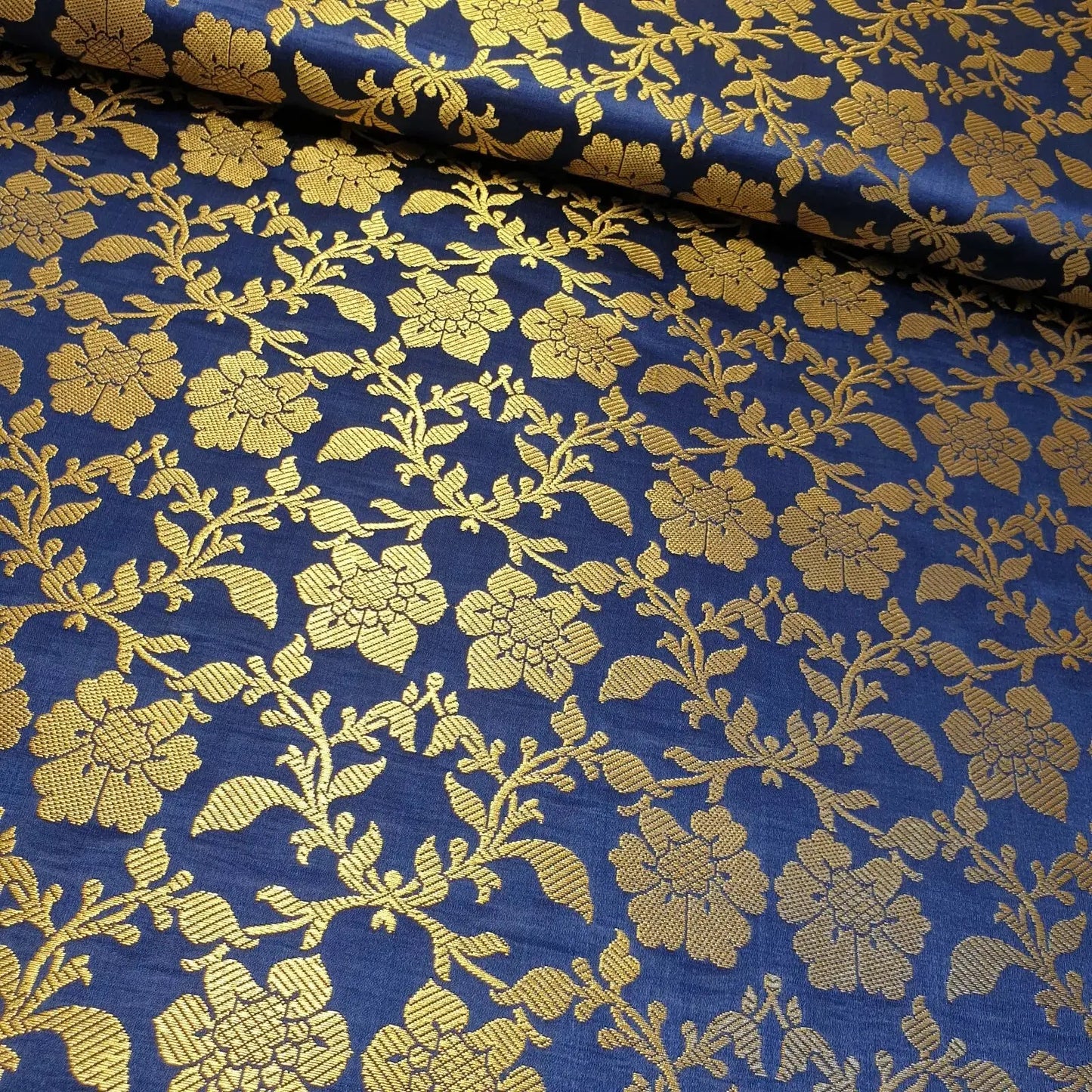 Indian Banarasi Brocade Fabric | Ornamental Floral Gold Metallic Design 44" (112cm) Wide Dress, Craft & Décor Material – Sold by the Meter