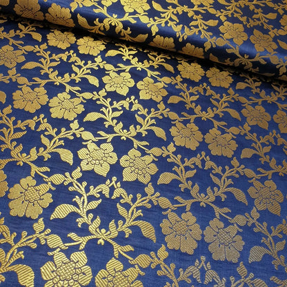 Indian Banarasi Brocade Fabric | Ornamental Floral Gold Metallic Design 44" (112cm) Wide Dress, Craft & Décor Material – Sold by the Meter