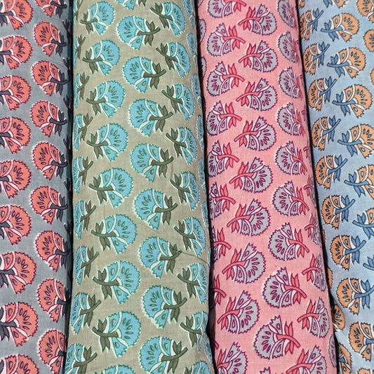 100% Cotton Lawn Fabric – Floral Block Print | Lightweight Dress Fabric | 44 Inch Wide