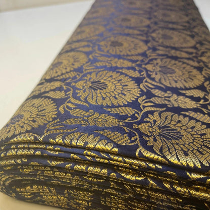 Indian Banarasi Brocade Fabric | Floral & Peacock Gold Metallic Design 44" (112cm) Wide Dress, Craft & Décor Material – Sold by the Meter