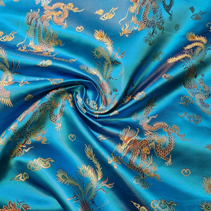 Traditional Chinese Embroidered Brocade Fabric | 36" (91cm) Wide Poly Silky Satin Oriental Dragon & Floral Material – Sold by the Metre