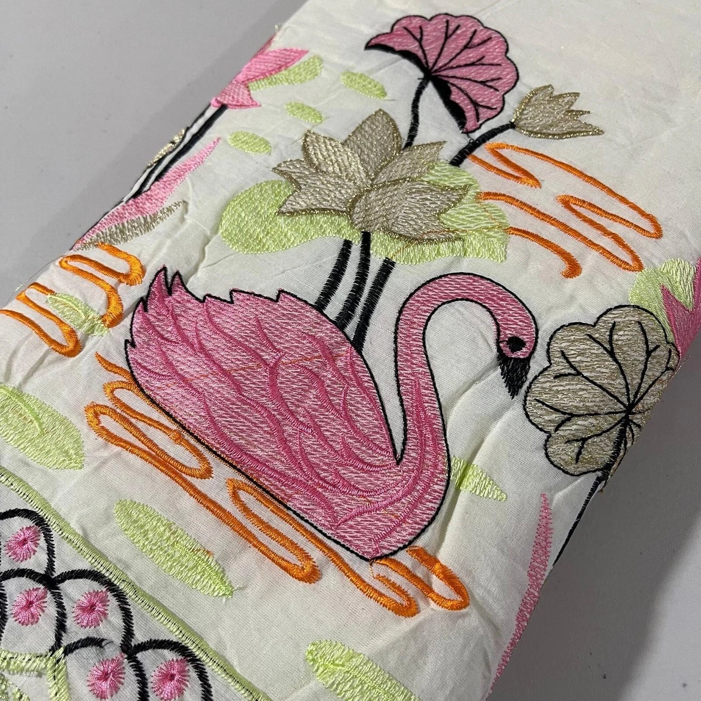 Raw Cotton Floral Embroidery Fabric with Golden Zari | 44" (112cm) Wide Dyeable Dress & Craft Material – Sold by the Meter