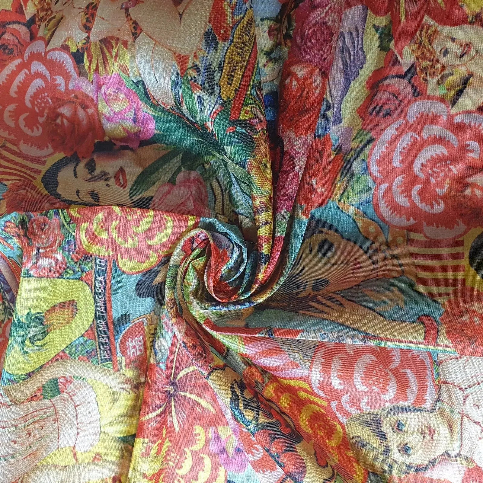 Polyester Faux Raw Silk Fabric – Digital Print 112cm (44") Wide Floral & Abstract Dress Material by the Metre