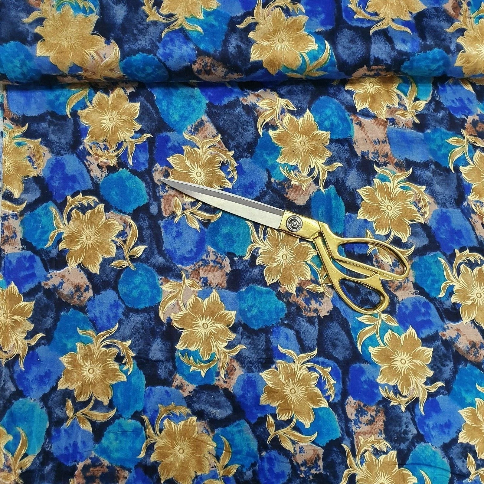100% Cotton Multi Floral Gold Foil Print Fabric | Soft Touch Indian Design 44