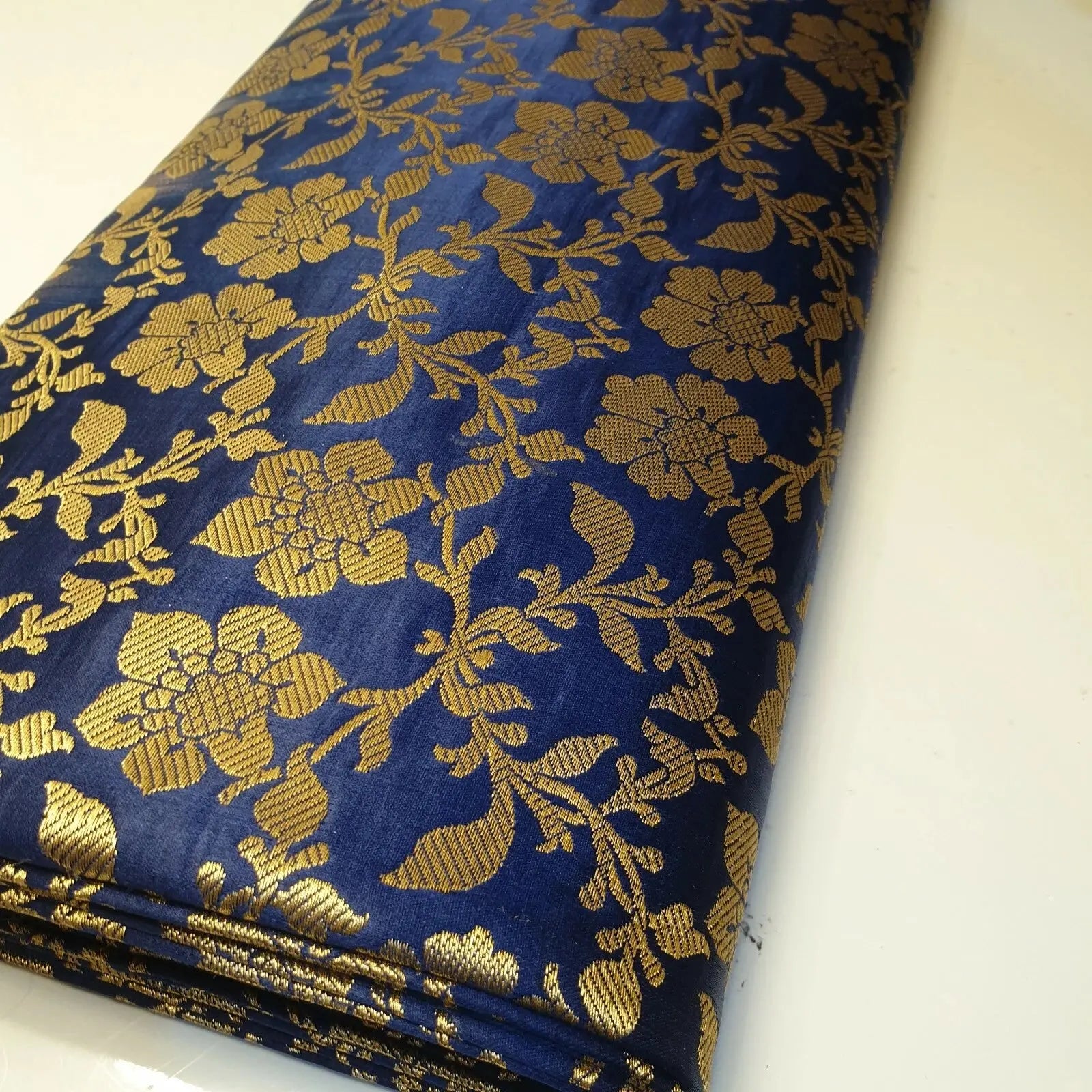 Indian Banarasi Brocade Fabric | Ornamental Floral Gold Metallic Design 44" (112cm) Wide Dress, Craft & Décor Material – Sold by the Meter