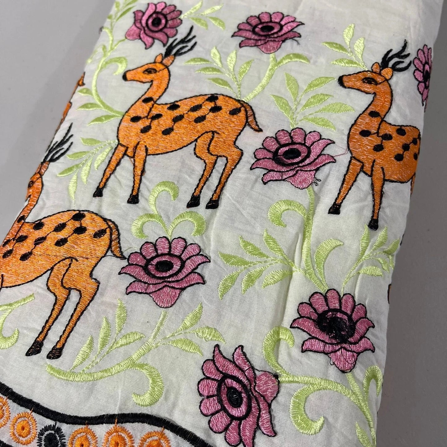 Raw Cotton Floral Embroidery Fabric with Golden Zari | 44" (112cm) Wide Dyeable Dress & Craft Material – Sold by the Meter