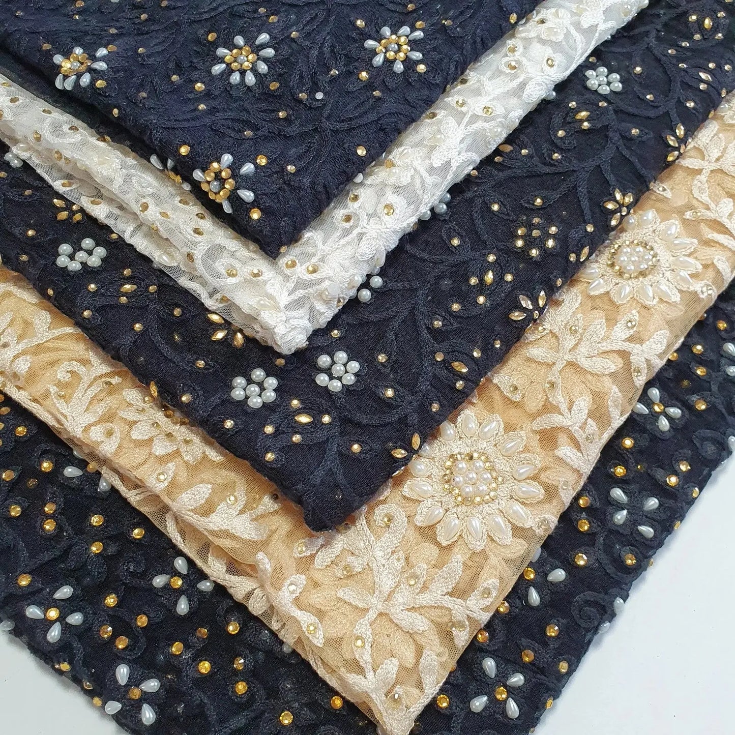 Premium Mesh Net Fabric | 44" (112cm) Wide Floral Thread Embroidery with Diamante & Pearl Embellishment for Dressmaking & Crafts – Sold by the Metre