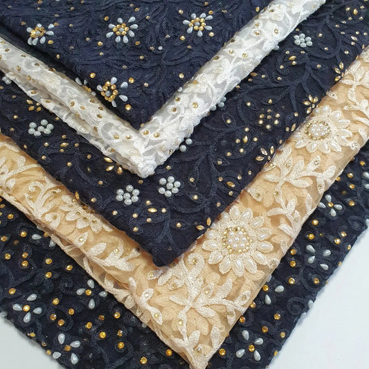 Premium Mesh Net Fabric | 44" (112cm) Wide Floral Thread Embroidery with Diamante & Pearl Embellishment for Dressmaking & Crafts – Sold by the Metre