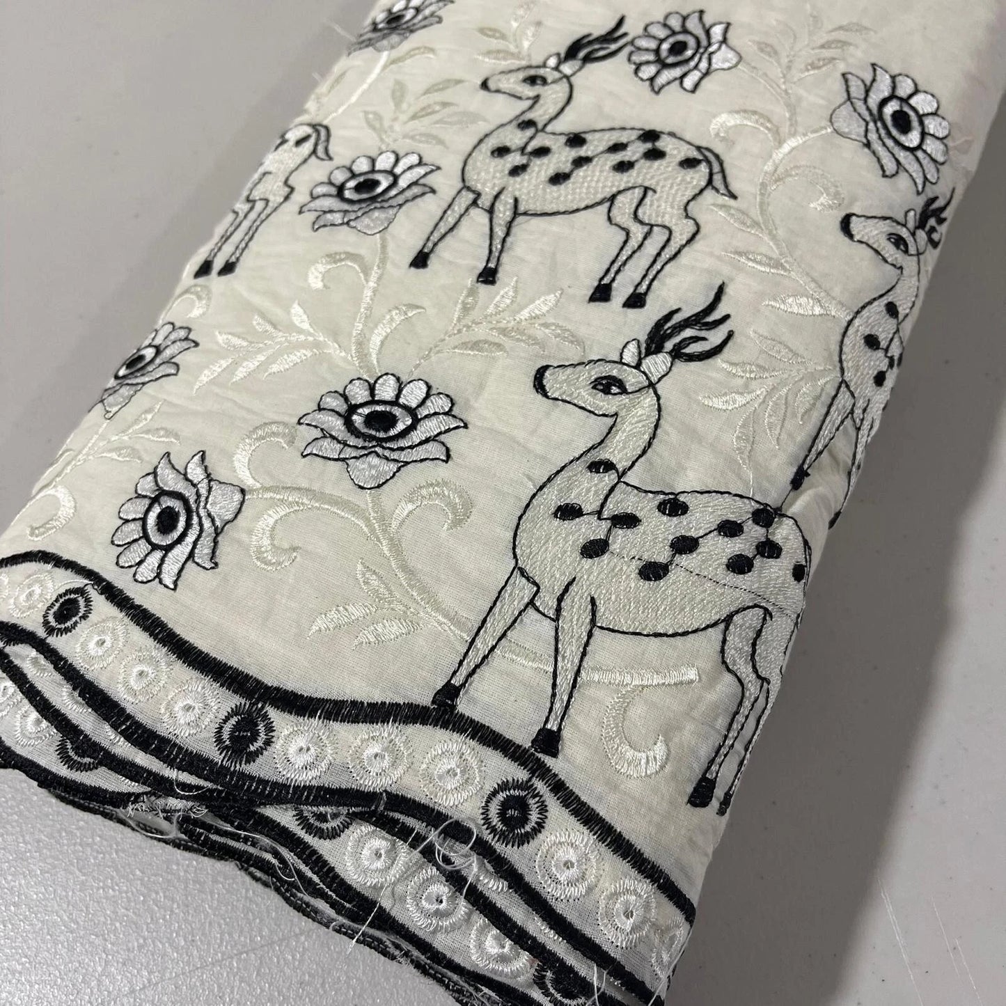 Raw Cotton Floral Embroidery Fabric with Golden Zari | 44" (112cm) Wide Dyeable Dress & Craft Material – Sold by the Meter