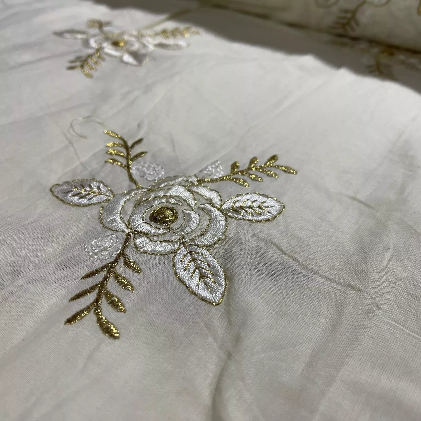 Raw Cotton Floral Embroidery Fabric with Golden Zari | 44" (112cm) Wide Dyeable Dress & Craft Material – Sold by the Meter