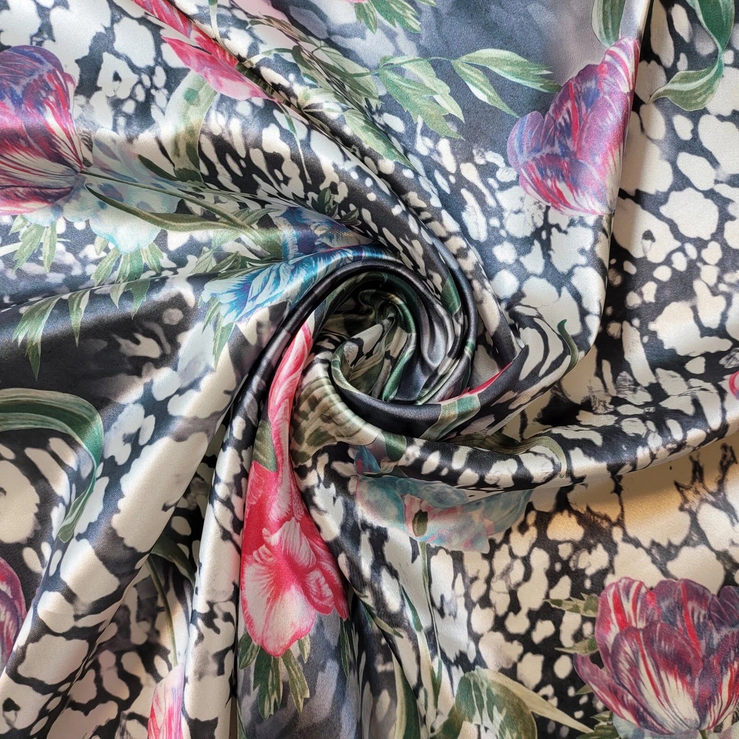 Floral Silk Satin Printed Fabric | 58" (147cm) Wide Soft Silky Dressmaking & Drape Material – Sold by the Metre