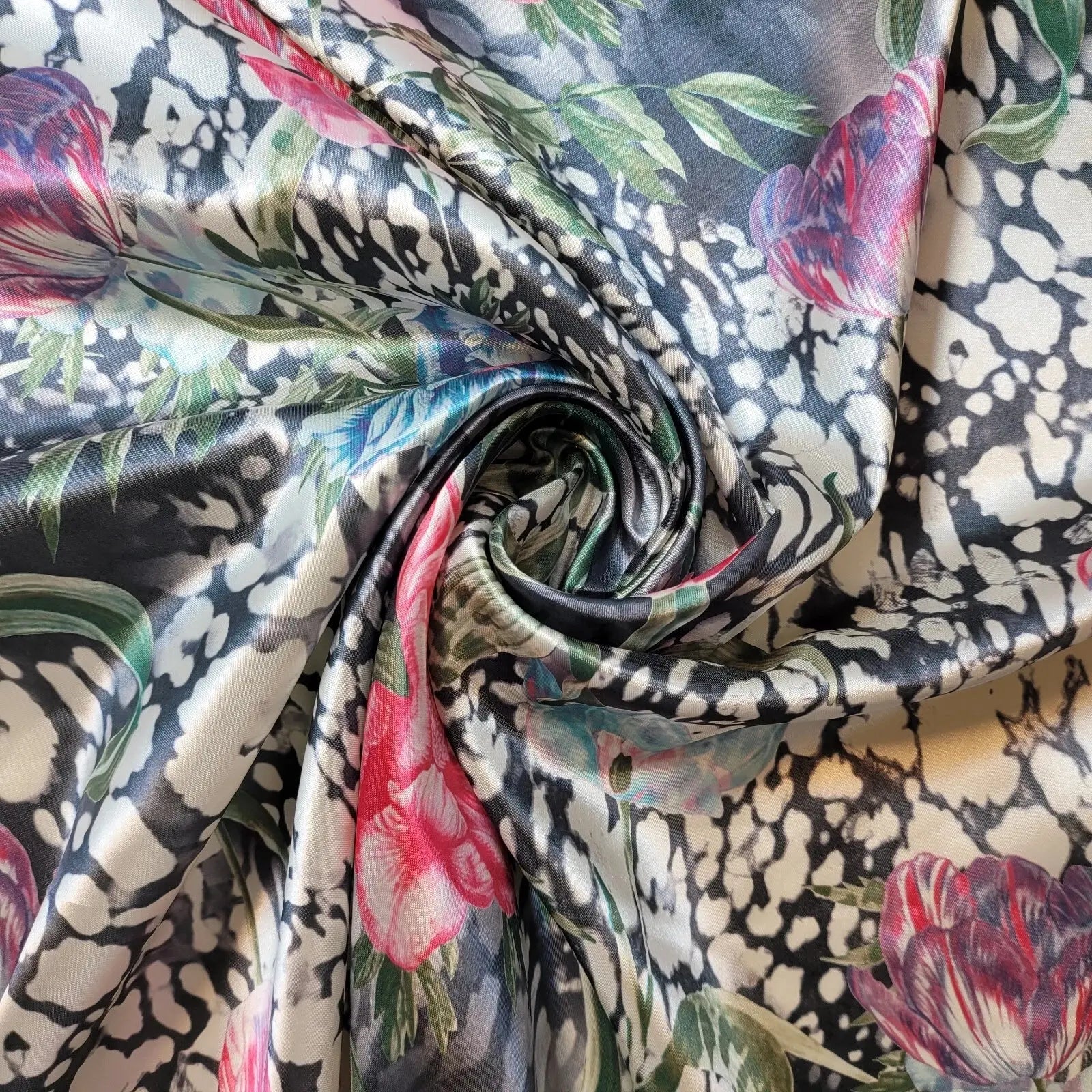 Floral Silk Satin Printed Fabric | 58" (147cm) Wide Soft Silky Dressmaking & Drape Material – Sold by the Metre