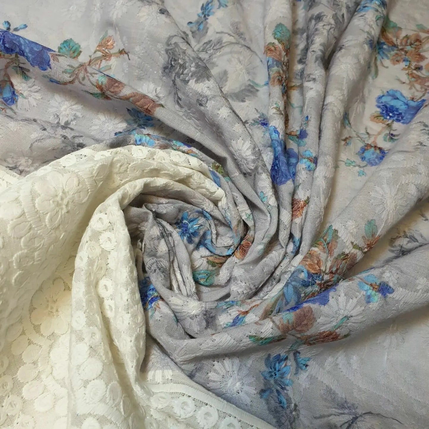 100% Cotton Broderie Anglaise Fabric | 44" (112cm) Wide Floral Printed & Embroidered Dress Material – Sold by the Metre