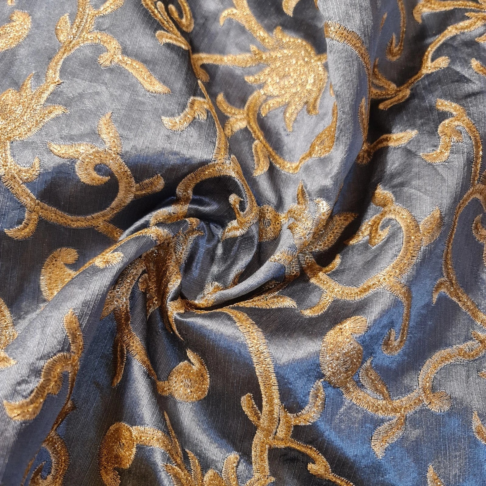 Luxury Faux Raw Silk Embroidered Fabric | Gold Floral Décor, Craft & Dressmaking Material 44
