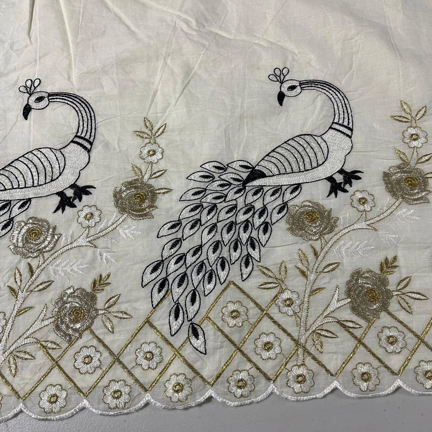 Raw Cotton Floral Embroidery Fabric with Golden Zari | 44" (112cm) Wide Dyeable Dress & Craft Material – Sold by the Meter