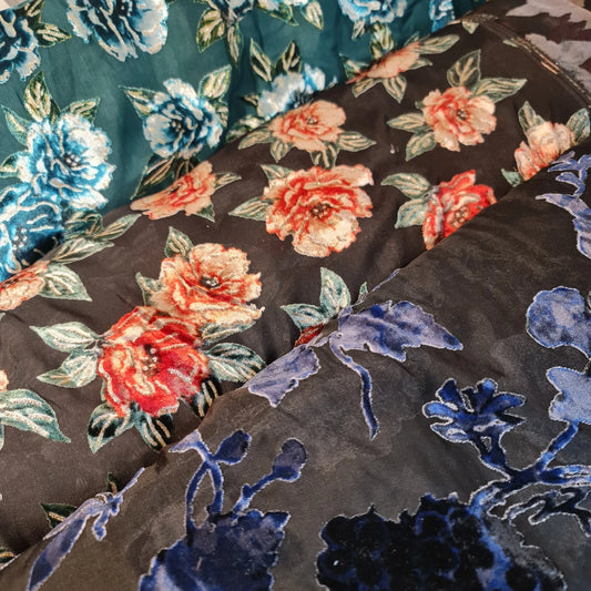 Floral Burnout Velvet Mesh Fabric Rose Devore Sheer Dress Fabric 58" Wide | Luxury