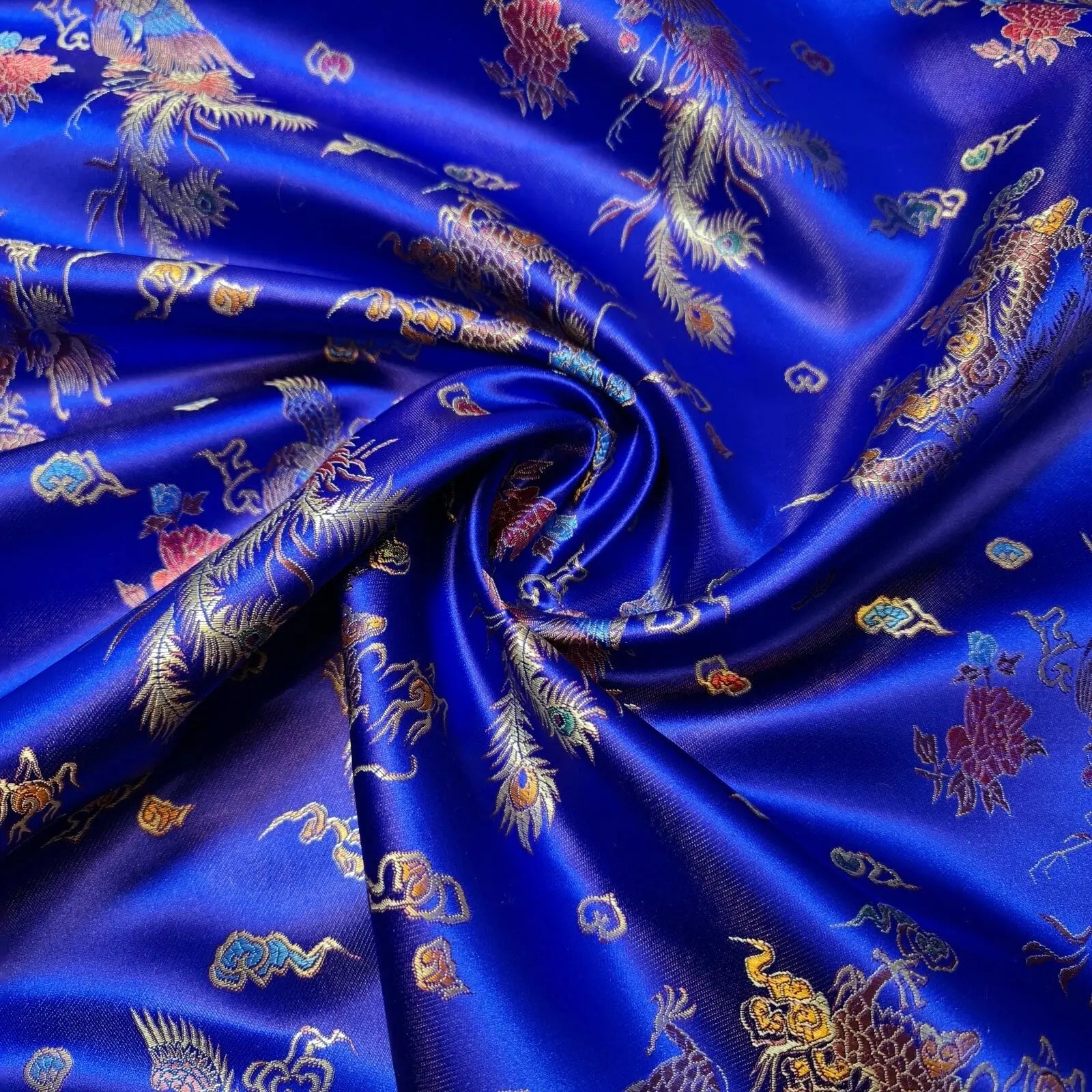 Traditional Chinese Embroidered Brocade Fabric | 36" (91cm) Wide Poly Silky Satin Oriental Dragon & Floral Material – Sold by the Metre