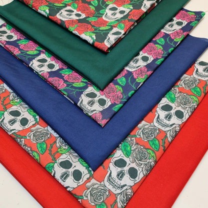 6pcs Polycotton Skulls & Roses Fat Quarters | 50×50cm Halloween Craft, Patchwork & Quilting Fabric Set