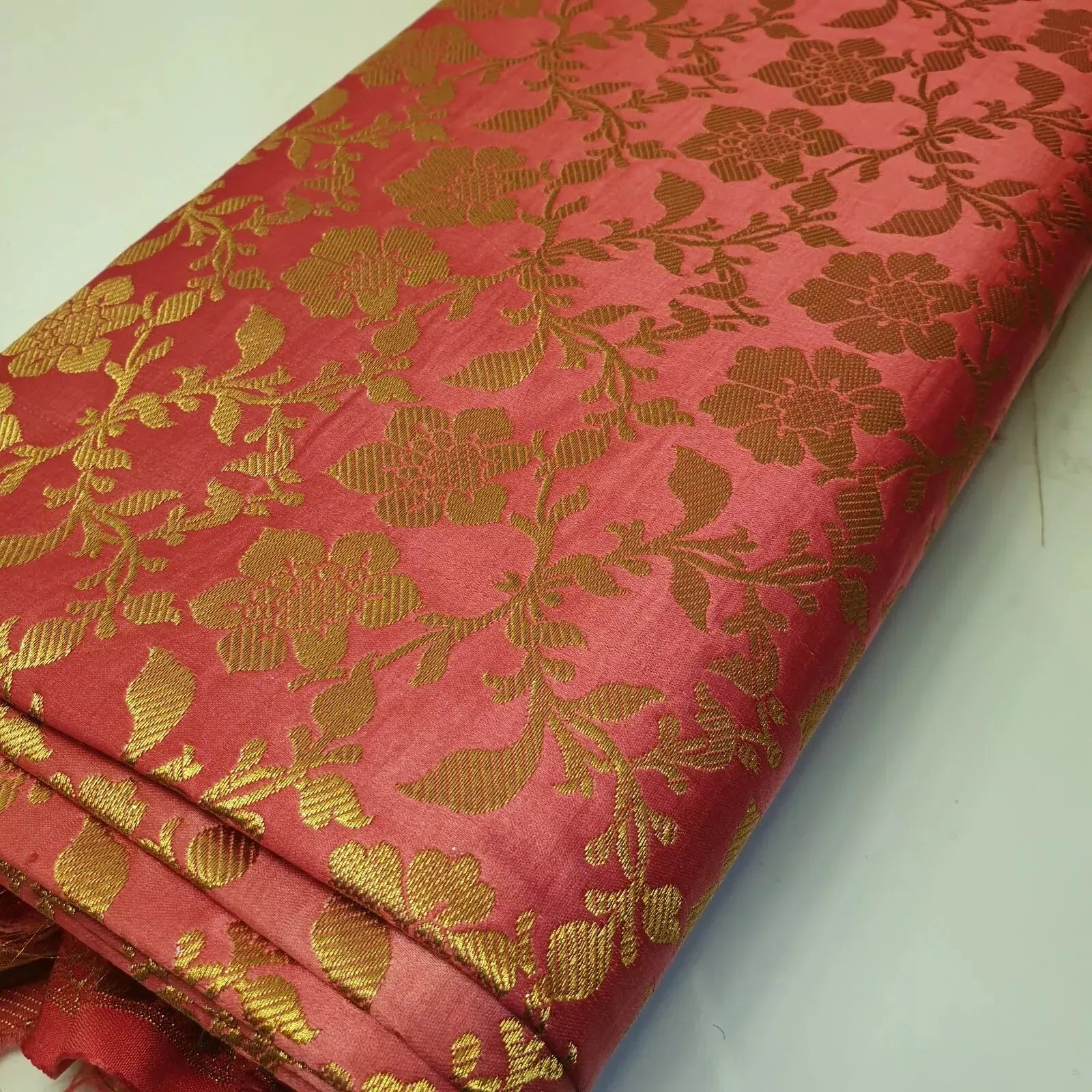 Indian Banarasi Brocade Fabric | Ornamental Floral Gold Metallic Design 44" (112cm) Wide Dress, Craft & Décor Material – Sold by the Meter