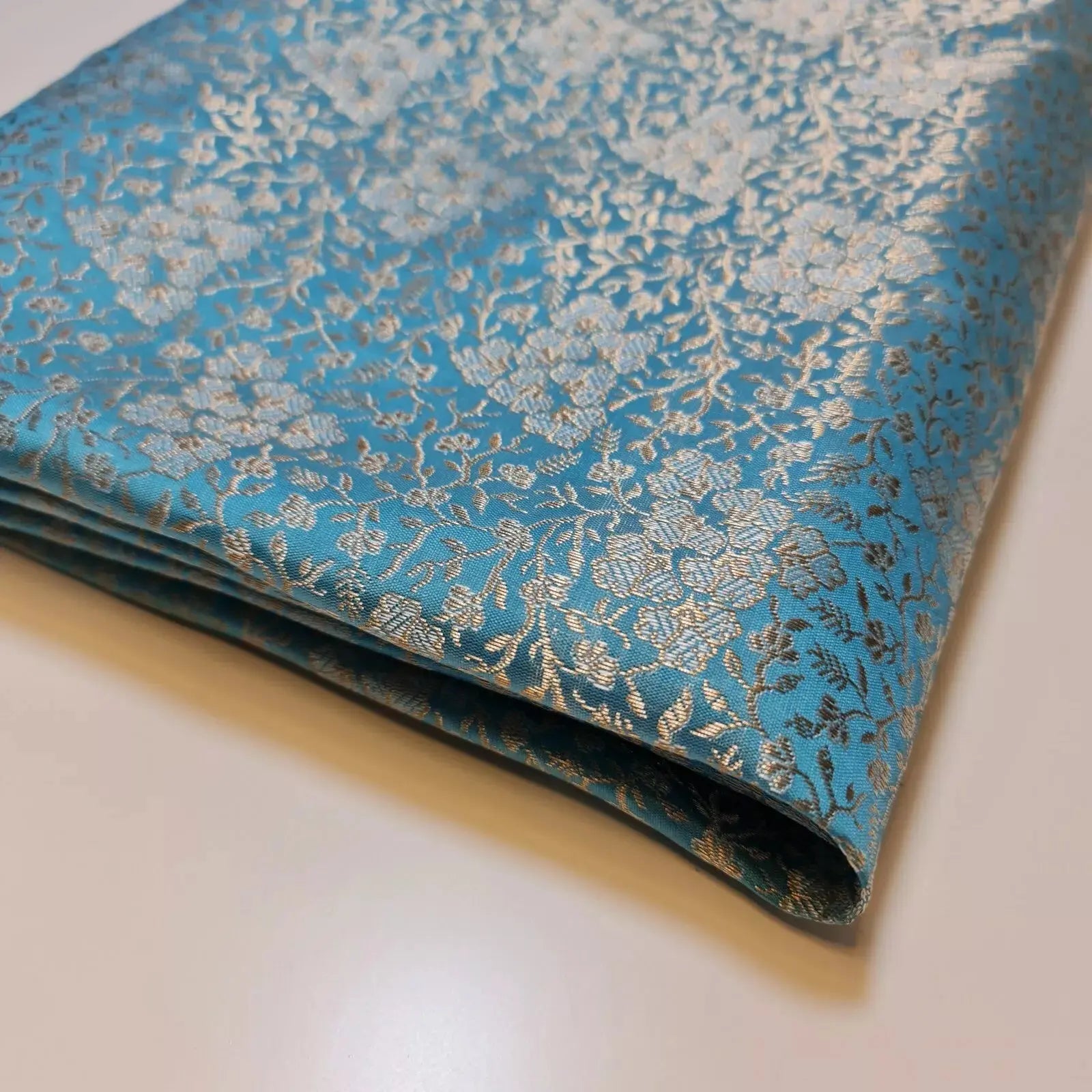 Ornamental Floral Pastels Indian Brocade Fabric | Gold Metallic Design 44" (112cm) Wide Dress, Craft & Décor Material – Sold by the Meter