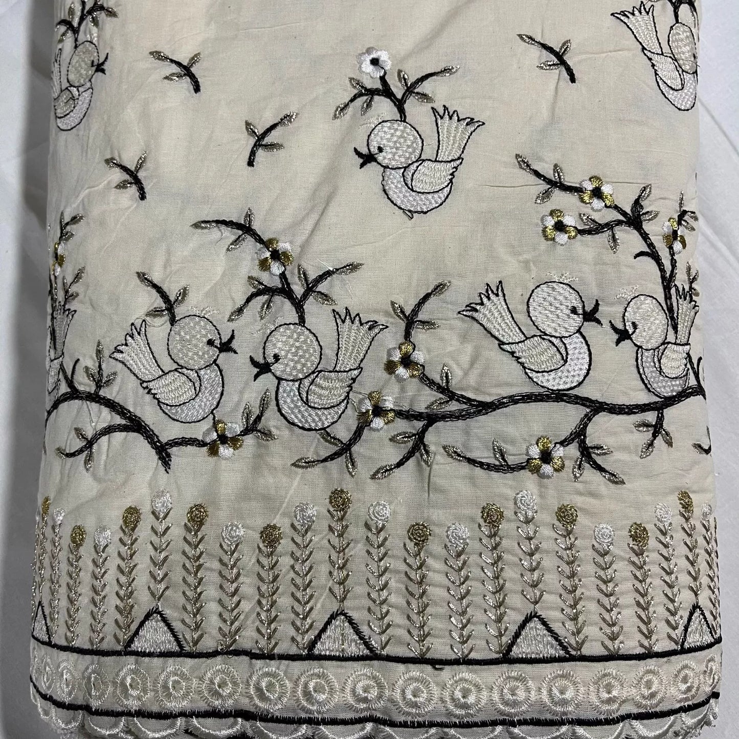 Raw Cotton Floral Embroidery Fabric with Golden Zari | 44" (112cm) Wide Dyeable Dress & Craft Material – Sold by the Meter