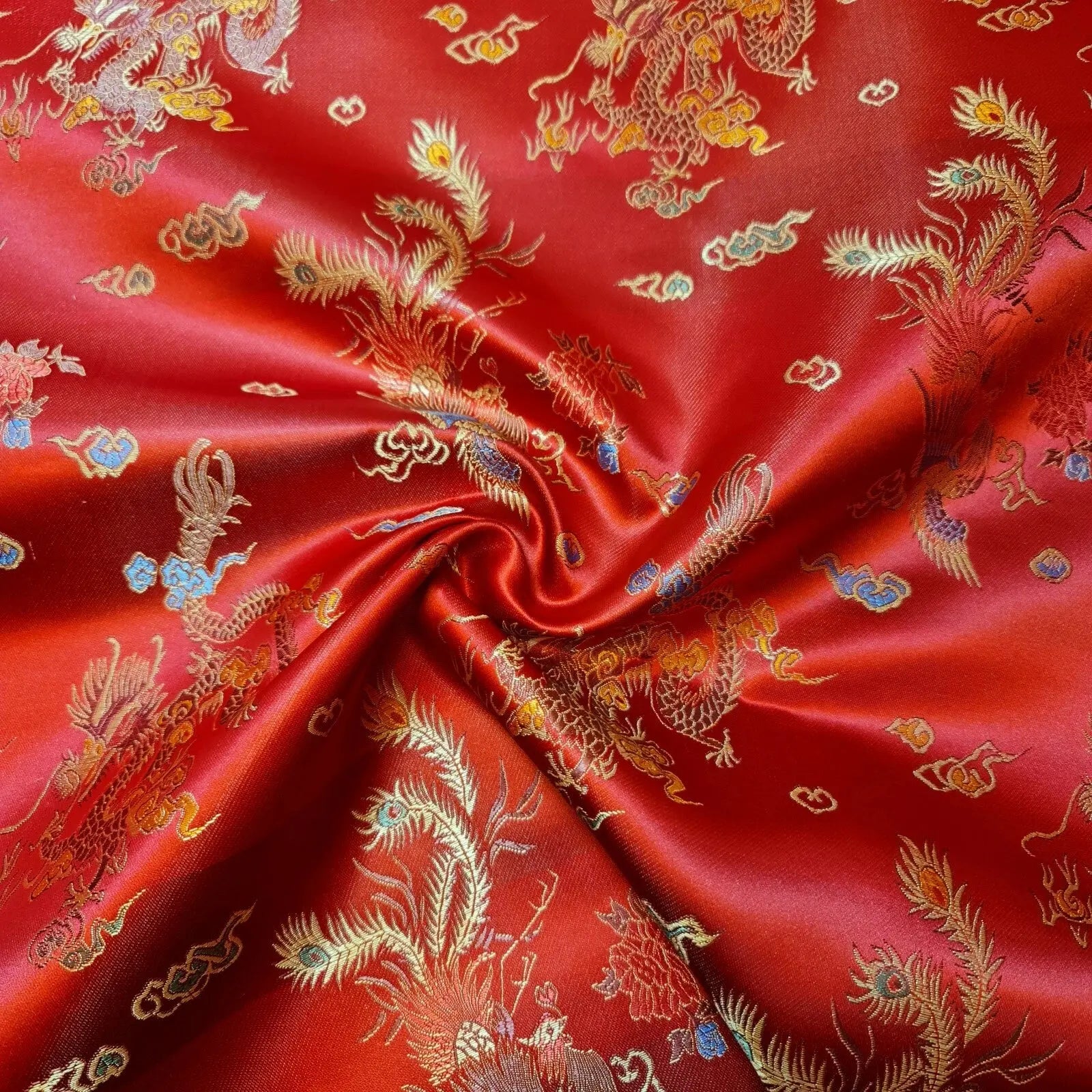Traditional Chinese Embroidered Brocade Fabric | 36" (91cm) Wide Poly Silky Satin Oriental Dragon & Floral Material – Sold by the Metre