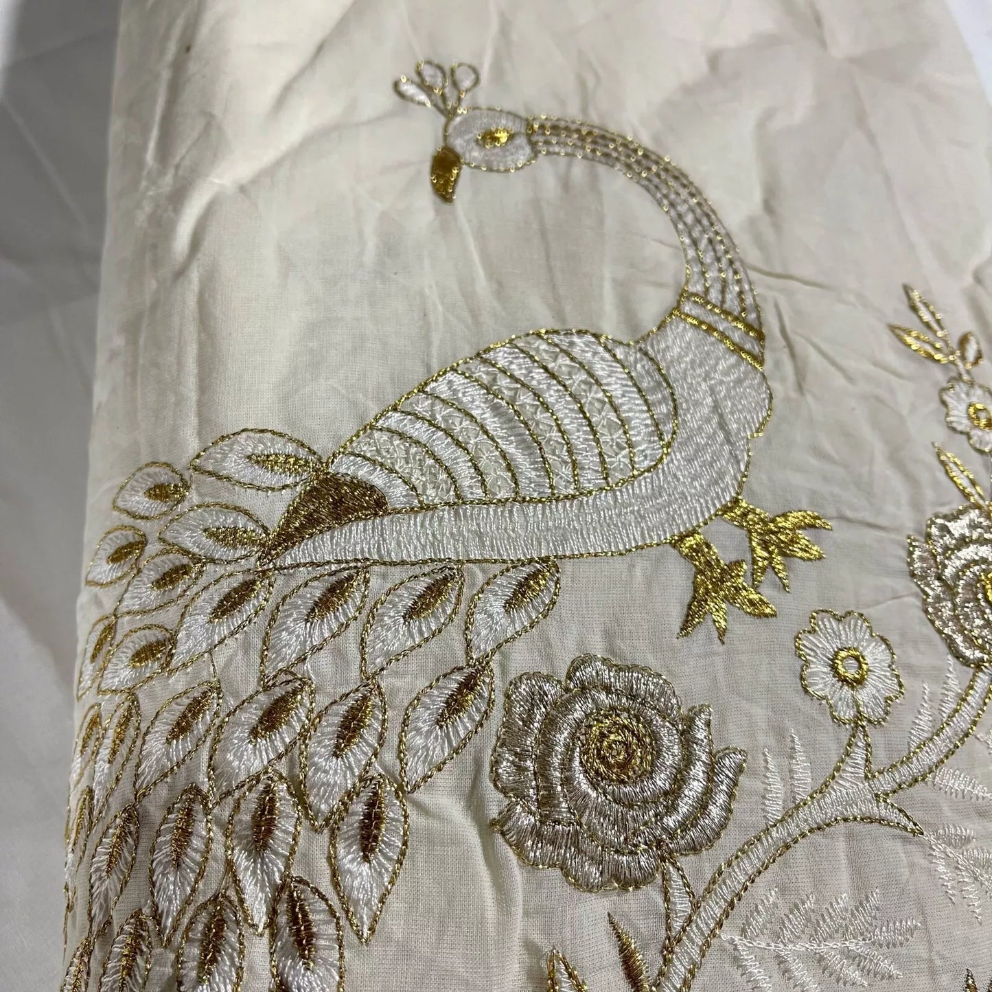 Raw Cotton Floral Embroidery Fabric with Golden Zari | 44" (112cm) Wide Dyeable Dress & Craft Material – Sold by the Meter