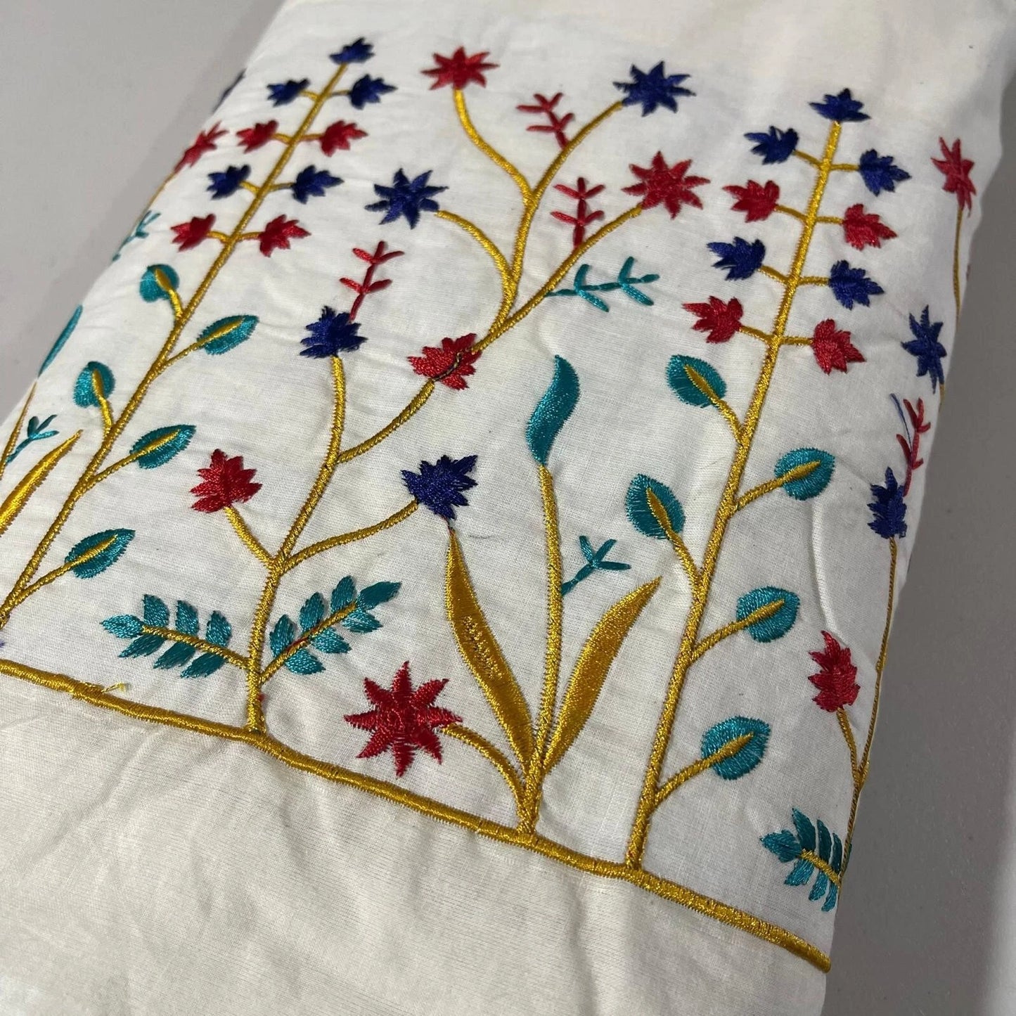 Raw Cotton Floral Embroidery Fabric with Golden Zari | 44" (112cm) Wide Dyeable Dress & Craft Material – Sold by the Meter