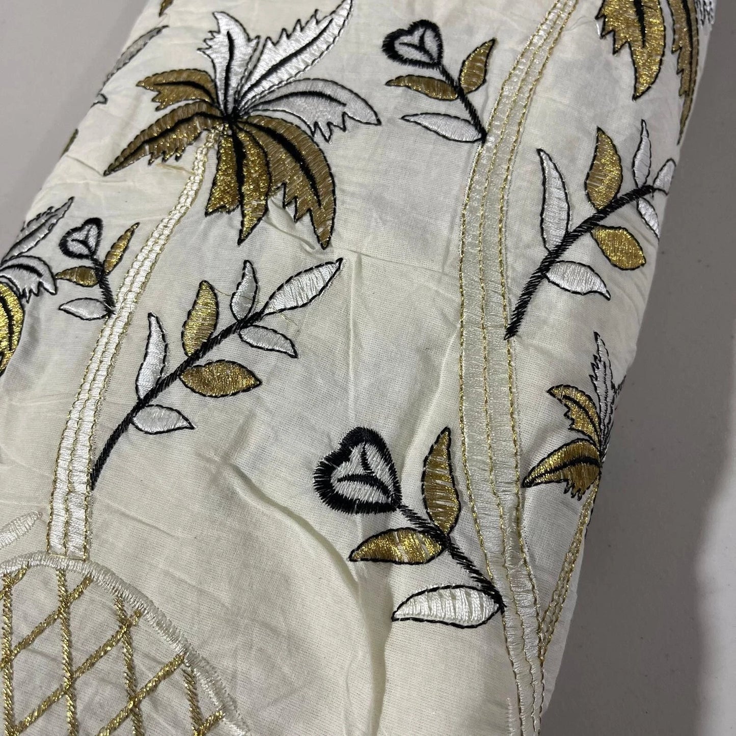 Raw Cotton Floral Embroidery Fabric with Golden Zari | 44" (112cm) Wide Dyeable Dress & Craft Material – Sold by the Meter