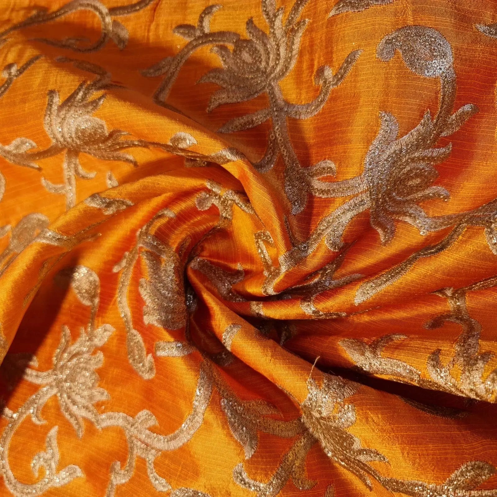 Faux Raw Silk Embroidered Fabric – Gold Floral 112cm (44") Wide Luxury Dress & Décor Material by the Metre