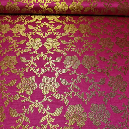 Indian Banarasi Brocade Fabric | Ornamental Floral Gold Metallic Design 44" (112cm) Wide Dress, Craft & Décor Material – Sold by the Meter