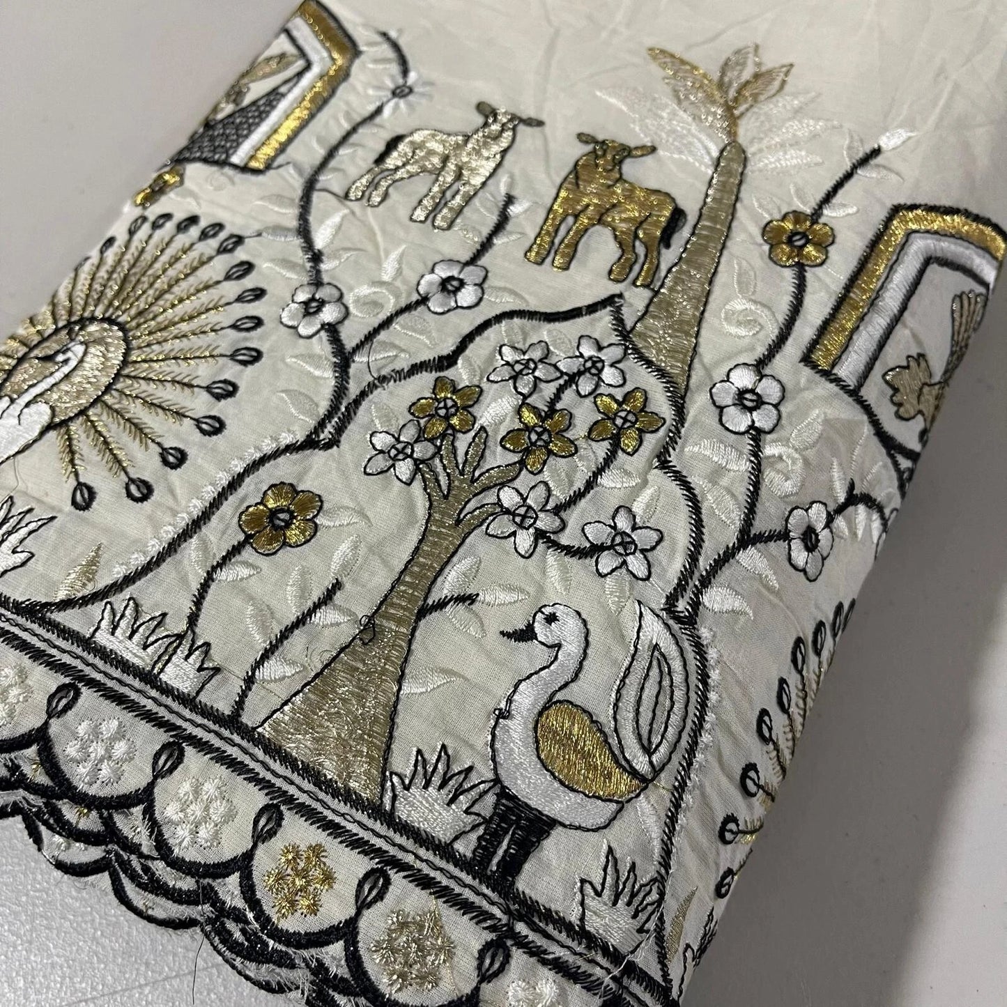 Raw Cotton Floral Embroidery Fabric with Golden Zari | 44" (112cm) Wide Dyeable Dress & Craft Material – Sold by the Meter