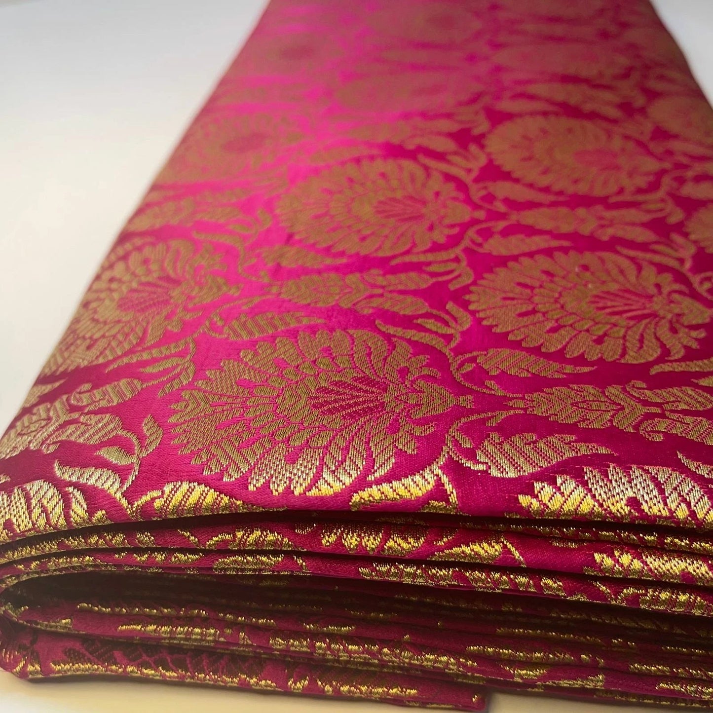 Indian Banarasi Brocade Fabric | Floral & Peacock Gold Metallic Design 44" (112cm) Wide Dress, Craft & Décor Material – Sold by the Meter