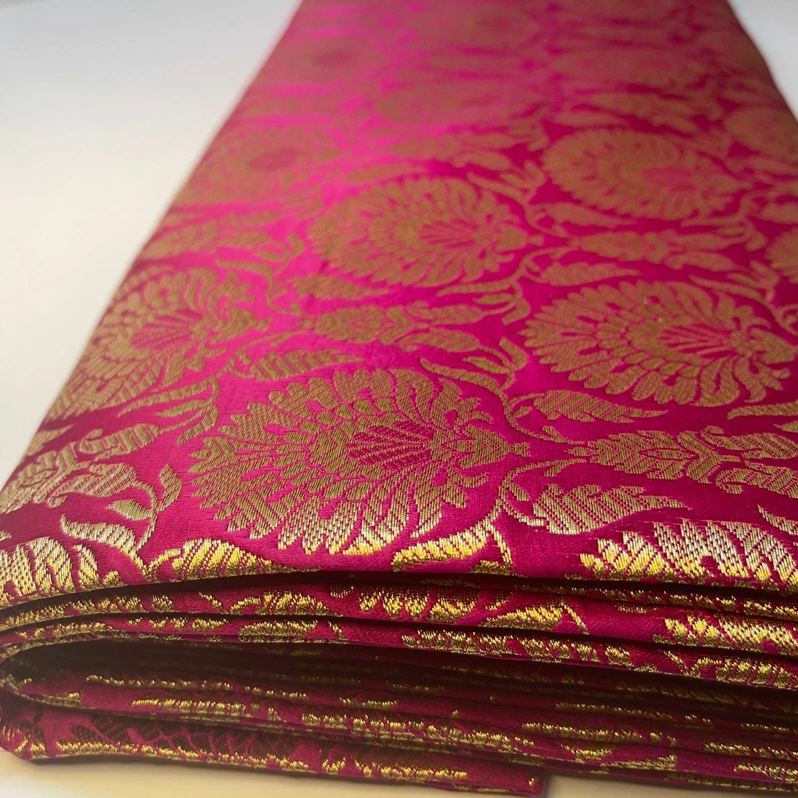 Indian Banarasi Brocade Fabric | Floral & Peacock Gold Metallic Design 44" (112cm) Wide Dress, Craft & Décor Material – Sold by the Meter