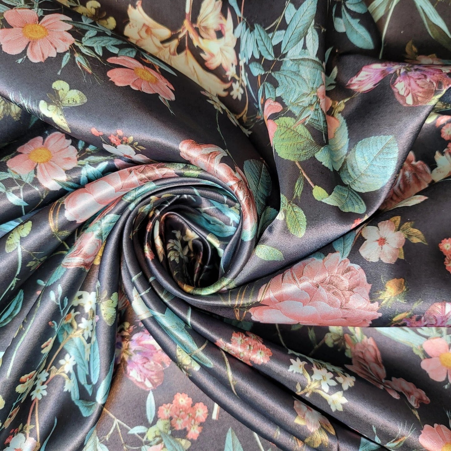 Floral Silk Satin Printed Fabric | 58" (147cm) Wide Soft Silky Dressmaking & Drape Material – Sold by the Metre