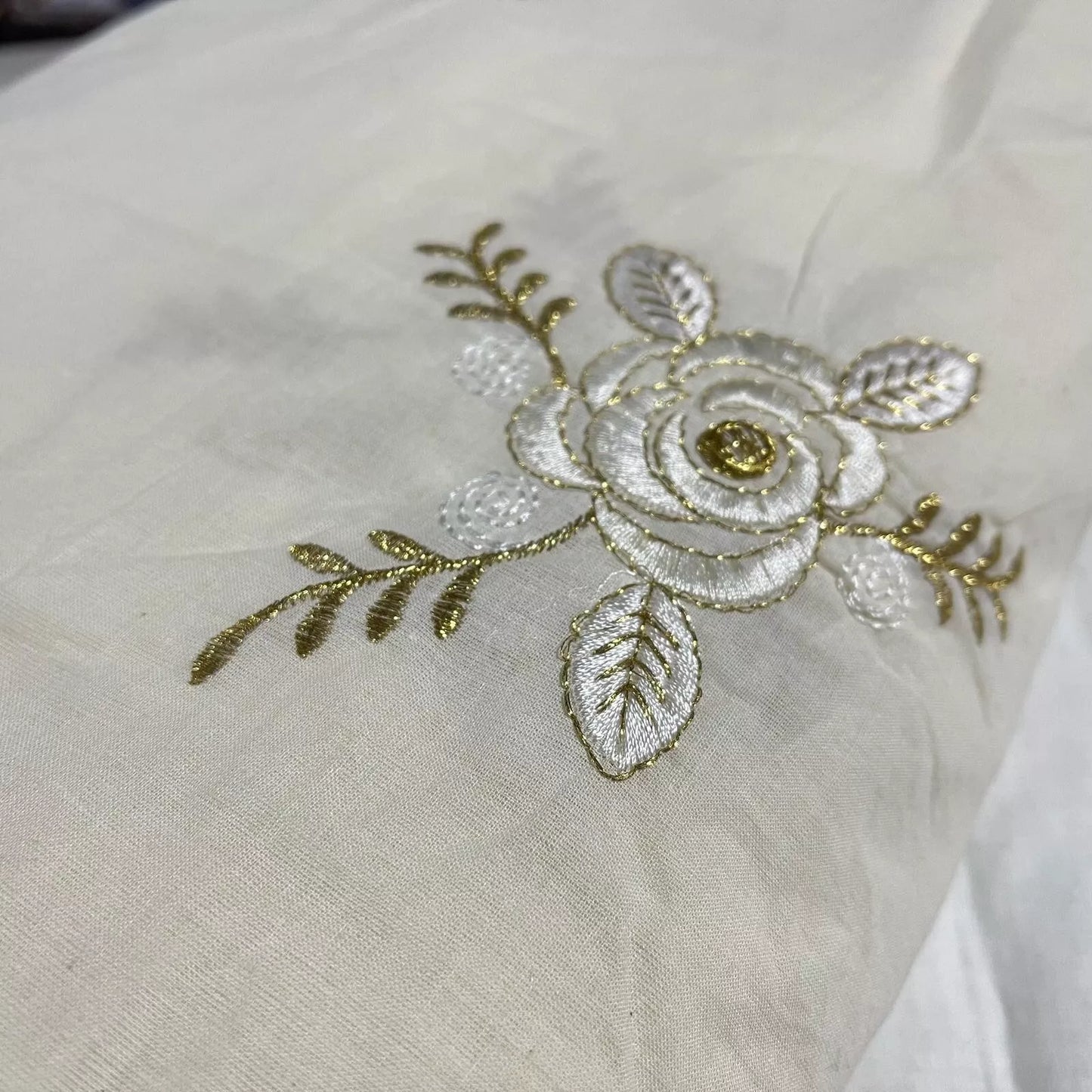 Raw Cotton Floral Embroidery Fabric with Golden Zari | 44" (112cm) Wide Dyeable Dress & Craft Material – Sold by the Meter