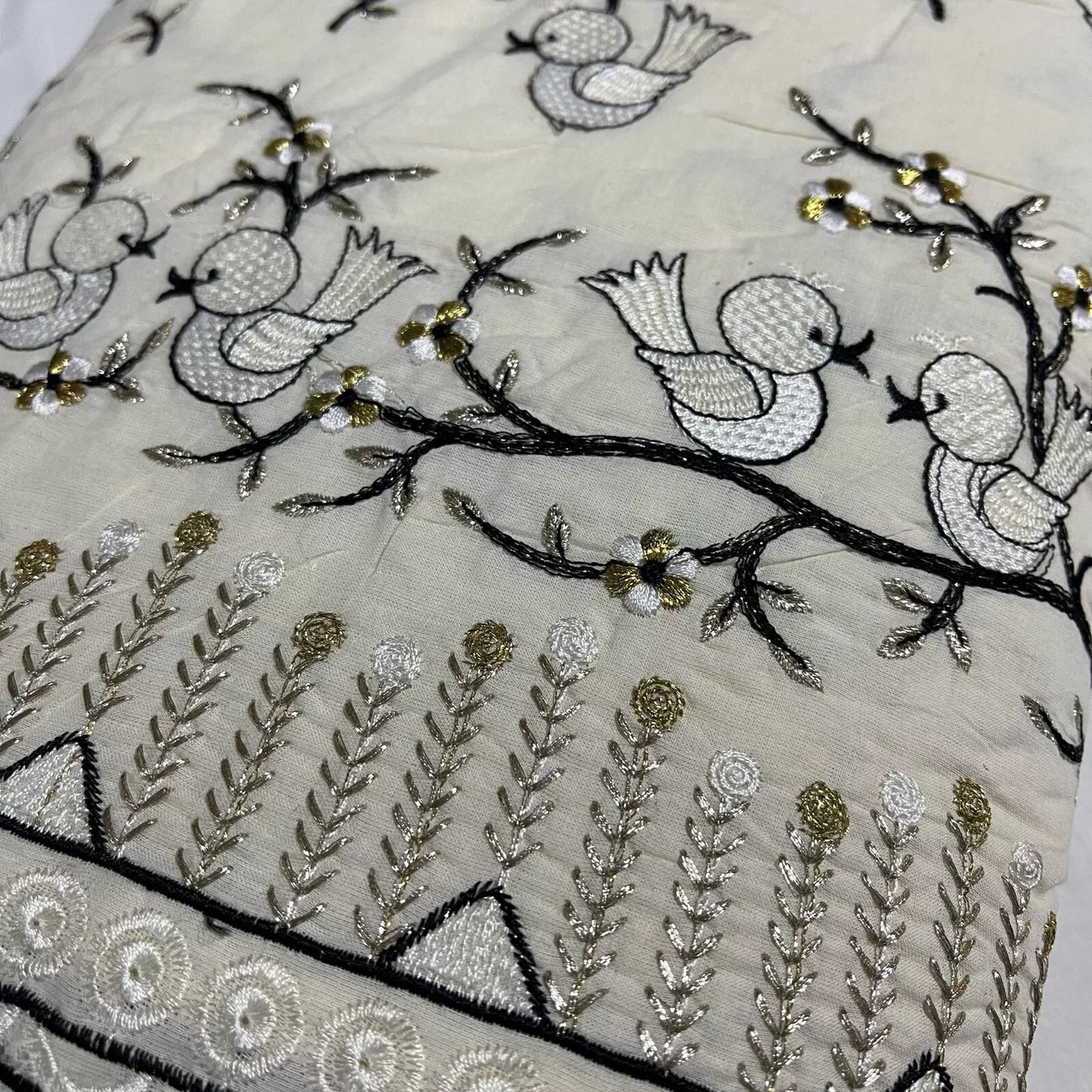 Raw Cotton Floral Embroidery Fabric with Golden Zari | 44" (112cm) Wide Dyeable Dress & Craft Material – Sold by the Meter