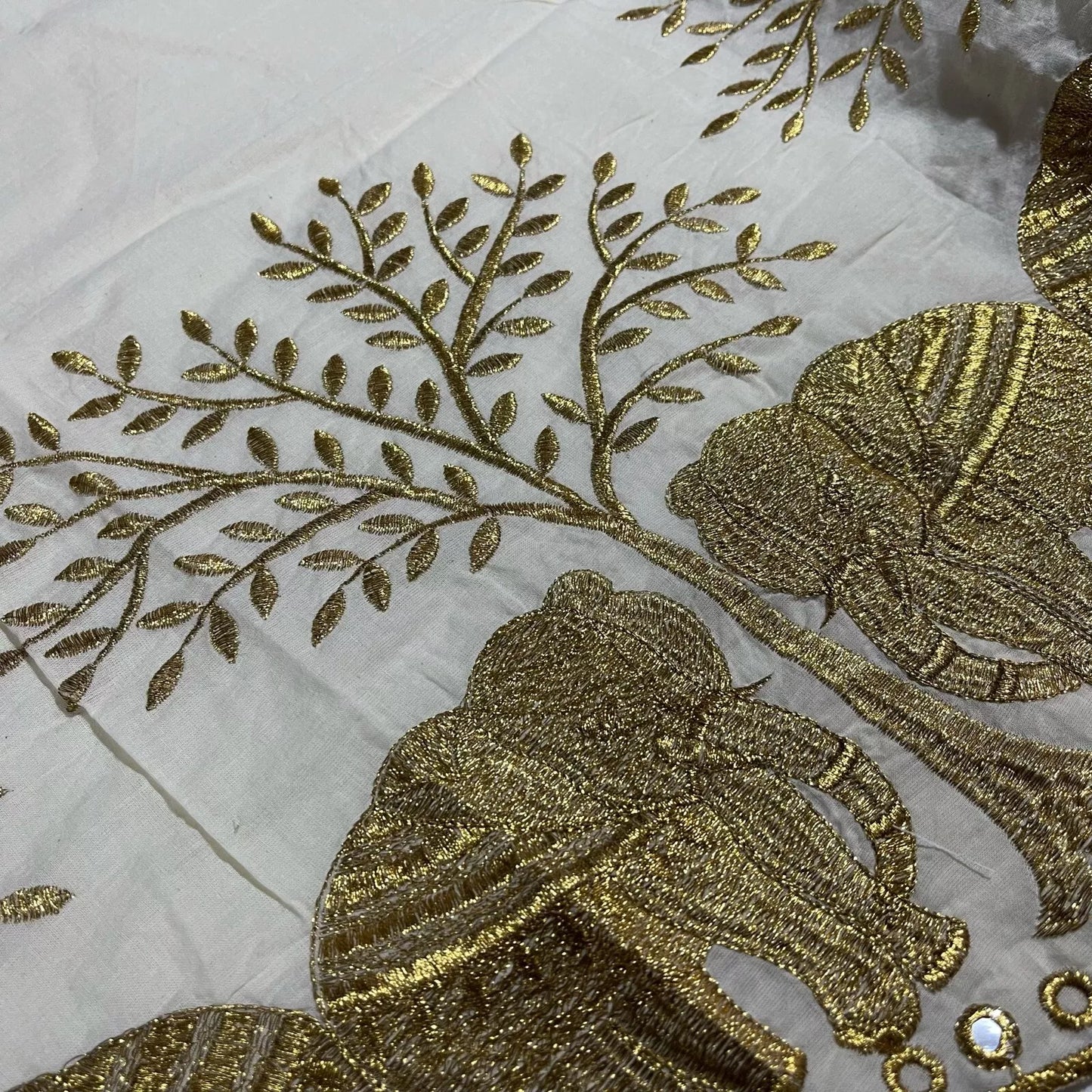 Raw Cotton Floral Embroidery Fabric with Golden Zari | 44" (112cm) Wide Dyeable Dress & Craft Material – Sold by the Meter