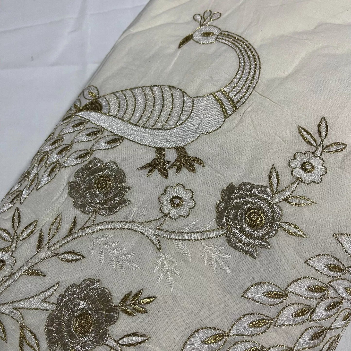 Raw Cotton Floral Embroidery Fabric with Golden Zari | 44" (112cm) Wide Dyeable Dress & Craft Material – Sold by the Meter