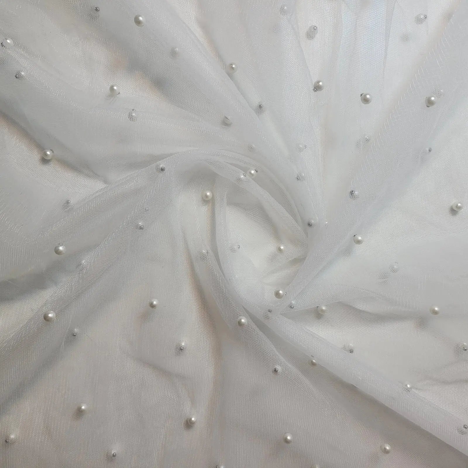 Tulle Beaded Pearl Lace Net Fabric | 58" (147cm) Wide Bridal Veil, Wedding Backdrop & Décor Material – Sold by the Metre