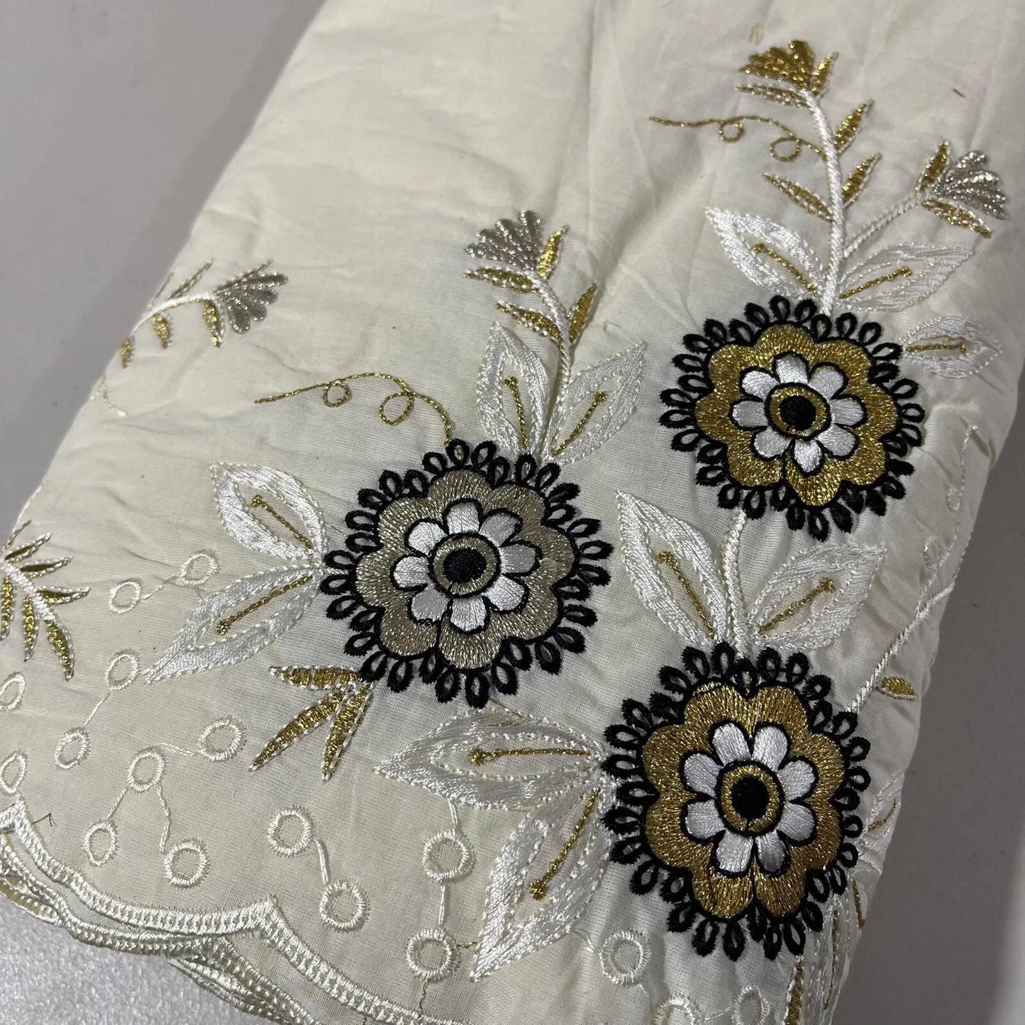 Raw Cotton Floral Embroidery Fabric with Golden Zari | 44" (112cm) Wide Dyeable Dress & Craft Material – Sold by the Meter