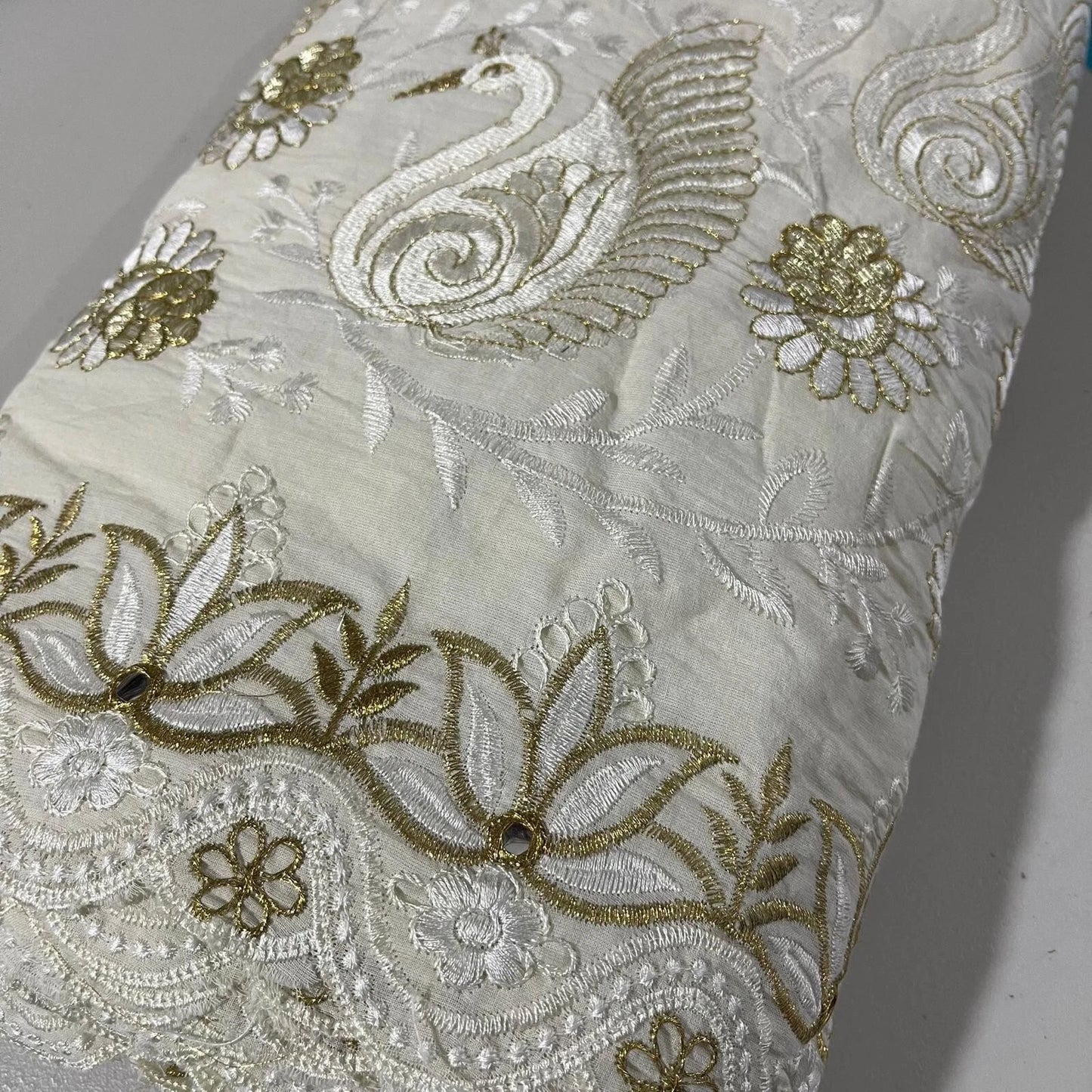 Raw Cotton Floral Embroidery Fabric with Golden Zari | 44" (112cm) Wide Dyeable Dress & Craft Material – Sold by the Meter