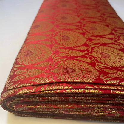 Indian Banarasi Brocade Fabric | Floral & Peacock Gold Metallic Design 44" (112cm) Wide Dress, Craft & Décor Material – Sold by the Meter