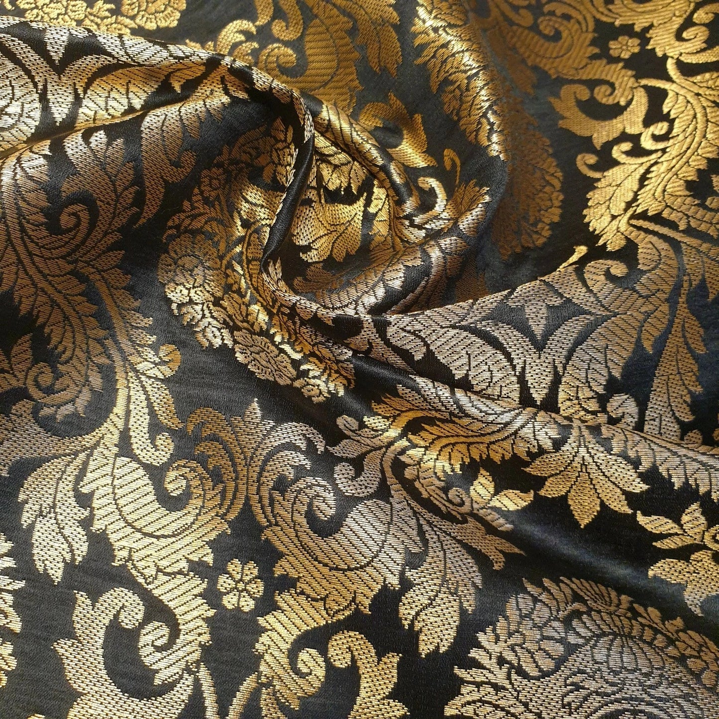 Brocade Ornamental Floral Fabric | Gold Metallic Jacquard 44" (112cm) Wide Dressmaking, Costume & Craft Material – Sold by the Metre  Black